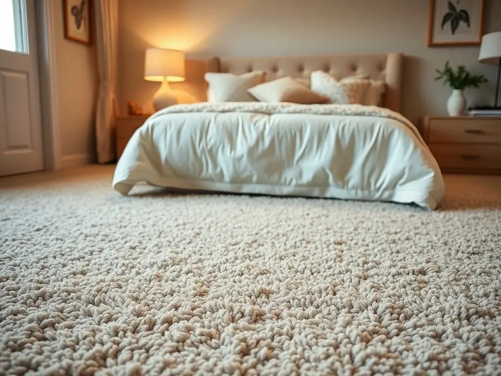 A cozy bedroom with soft lighting, plush carpeting, and elegant furniture. The color palette should be warm and inviting, creating a relaxing atmosphere.