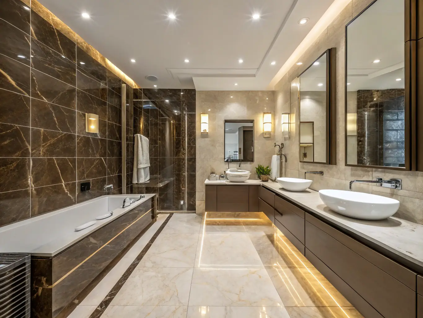 A high-angle, detailed shot of newly installed, glossy ceramic tiles in a modern bathroom, showcasing the precision and clean lines of the tile work by DiamondLuxuryRenovations.com.