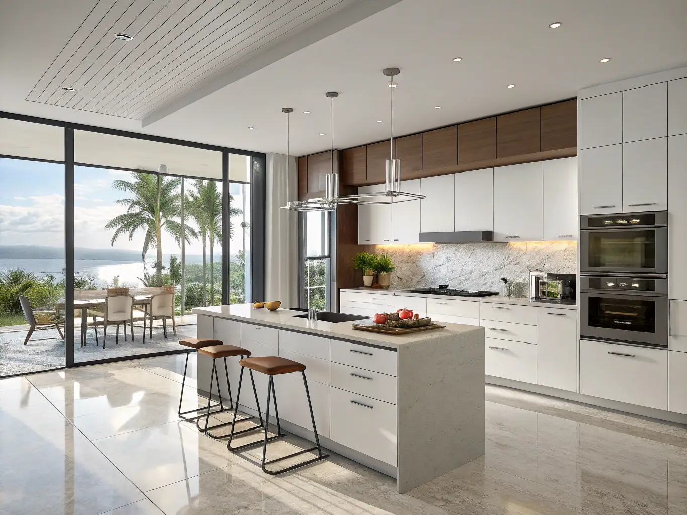 A contemporary kitchen with sleek cabinetry, stainless steel appliances, and a spacious island. The design should be both functional and aesthetically pleasing, with ample storage and workspace.