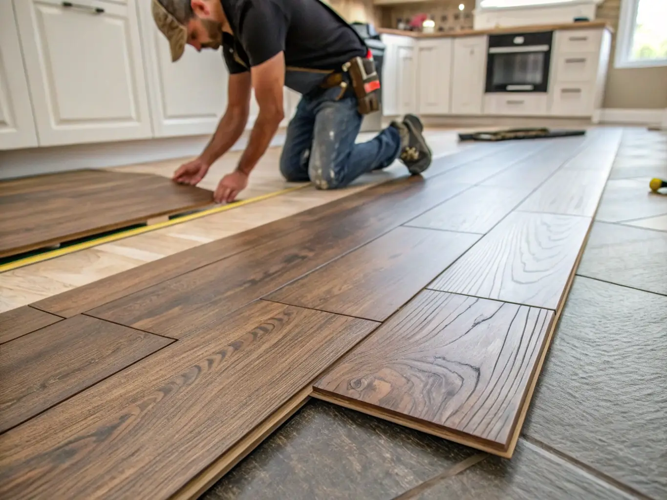 A close-up shot of a hand carefully laying down a strip of vinyl flooring, highlighting the texture and pattern of the vinyl, with tools and materials neatly arranged in the background.