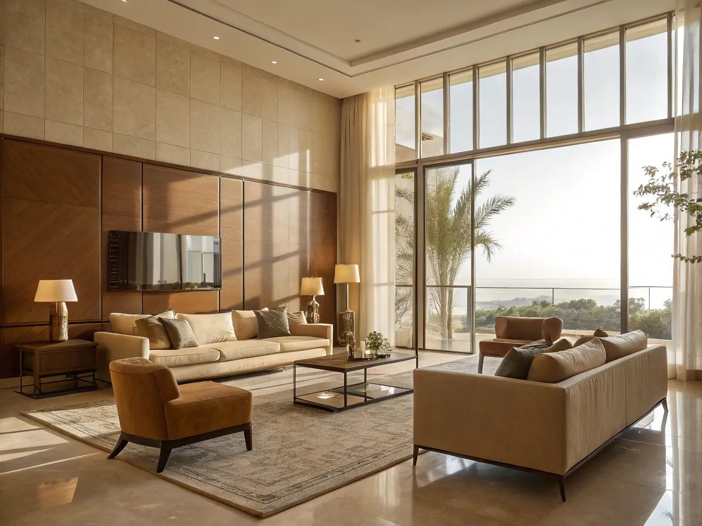 A brightly lit, modern living room featuring a minimalist design with hardwood floors, neutral-colored furniture, and large windows offering a city view. The image should convey a sense of sophistication and comfort.
