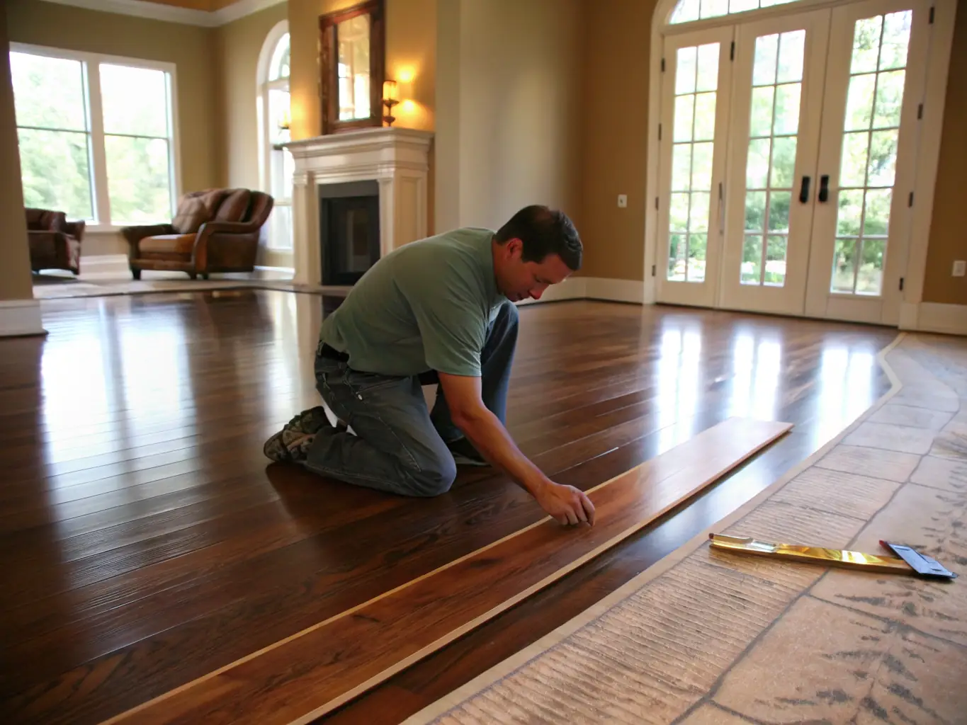 A close-up shot of a laminate floor being installed in a living room, with a focus on the interlocking mechanism and the smooth, even surface, highlighting the ease and quality of laminate installation.
