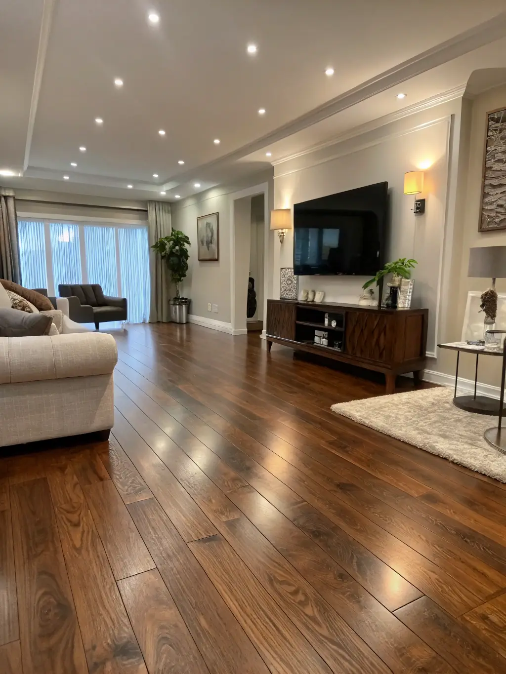 An image of a newly installed laminate floor in a living room, showcasing the clean lines and modern aesthetic achieved by GTAPRO RENOVATIONS.