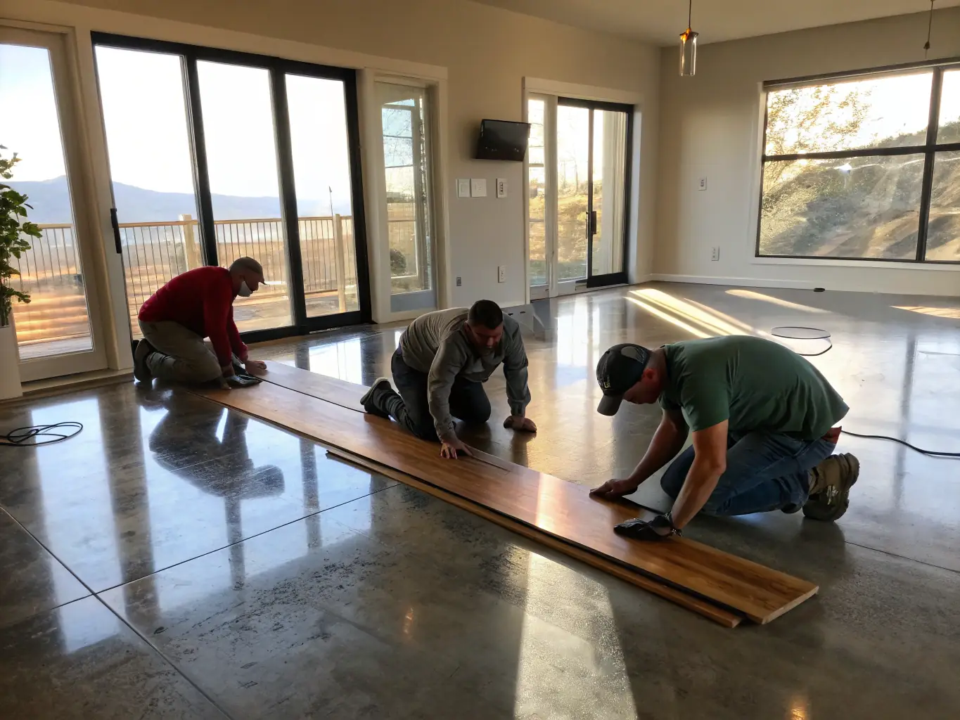 A wide shot of a living room where hardwood flooring is being installed, with a focus on the rich color and natural grain of the wood, and the professional tools used by the installers.