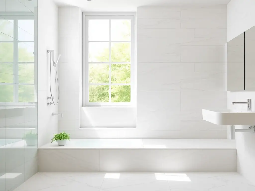 A high-angle shot of freshly installed, light-colored ceramic tiles in a modern bathroom, showcasing clean grout lines and a sleek, minimalist design, emphasizing the quality of tile installation services.